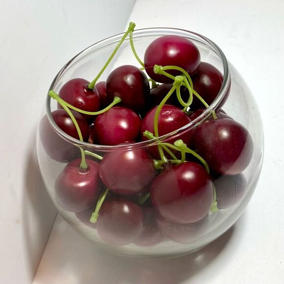 BOWL of CHERRIES Green Stems Glass Bowl Centerpiece Fruit Decor  Rim 4.5 in - Picture 10 of 12